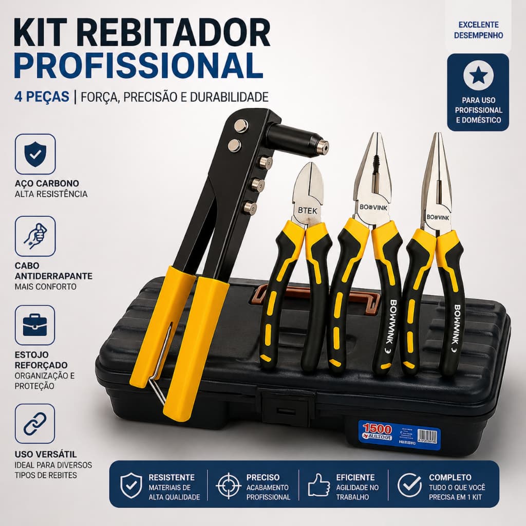 Kit Jogo de Ferramentas Alicate Rebitador Rebitadeira Manual + Alicate Universal Bico Corte e Maleta