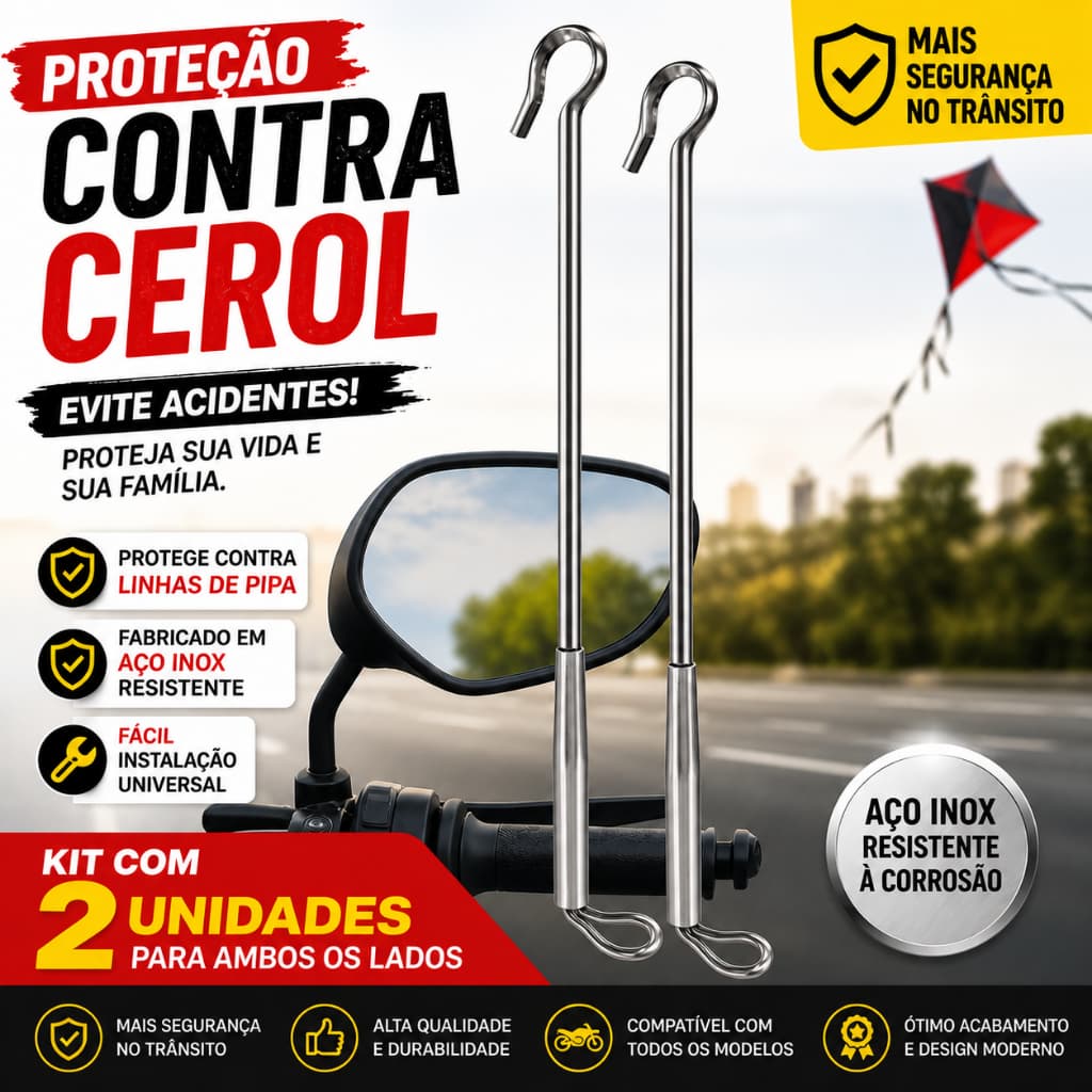 Antena Inox Corta Linha Pipa Retrovisor Moto Kit 2 Proteção Contra Cerol Universal Fixa no Retrovisor da Moto
