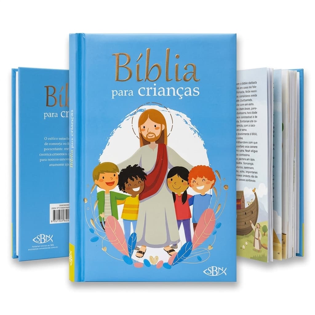 Bíblia Criança Menino Capa Almofadada Azul Ilustrada SBN Histórias Bíblicas Presente Cristão