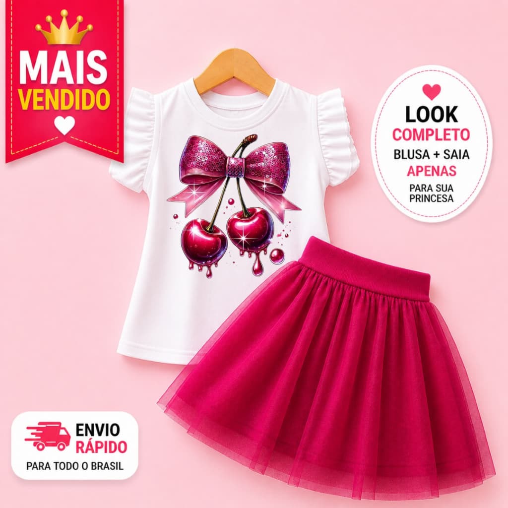 Conjunto Infantil Menina Blusa Branca Estampa Laço com Cerejas Brilhantes ✨ Saia em Tule Rosa Pink Delicada