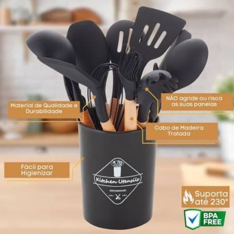 Kit Utensílios Silicone 12 Peças Preto Cozinha Completo