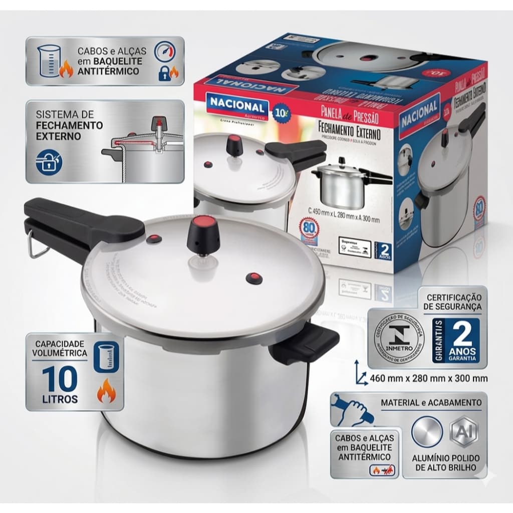 Panela de Pressão Grande 10L Polida Fechamento Externo Linha Premium Aluminio Nacional