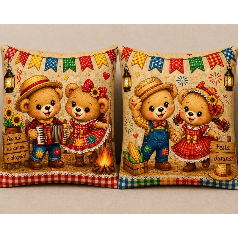 Kit 2 Capas de Almofadas Festa Junina Ursinhos 45x45 Oxford Decoração São João Arraiá