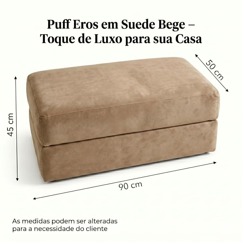Puff Eros Suede Bege 90cm | Banco Estofado Elegante Sala
