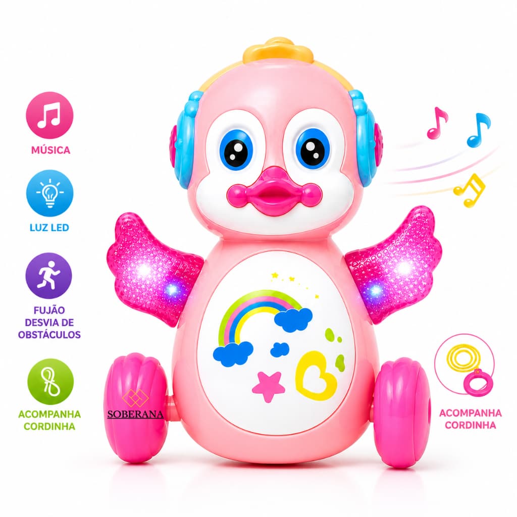 Pato Fujão Dançante Patinho LED com Cordinha Desvia Obstáculos Musical Infantil Brinquedo Educativo