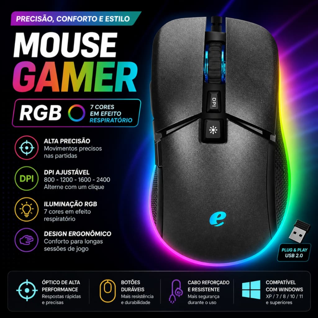 Mouse Óptico Com Fio USB Preto Alta Precisão Plug and Play para Computador e Notebook
