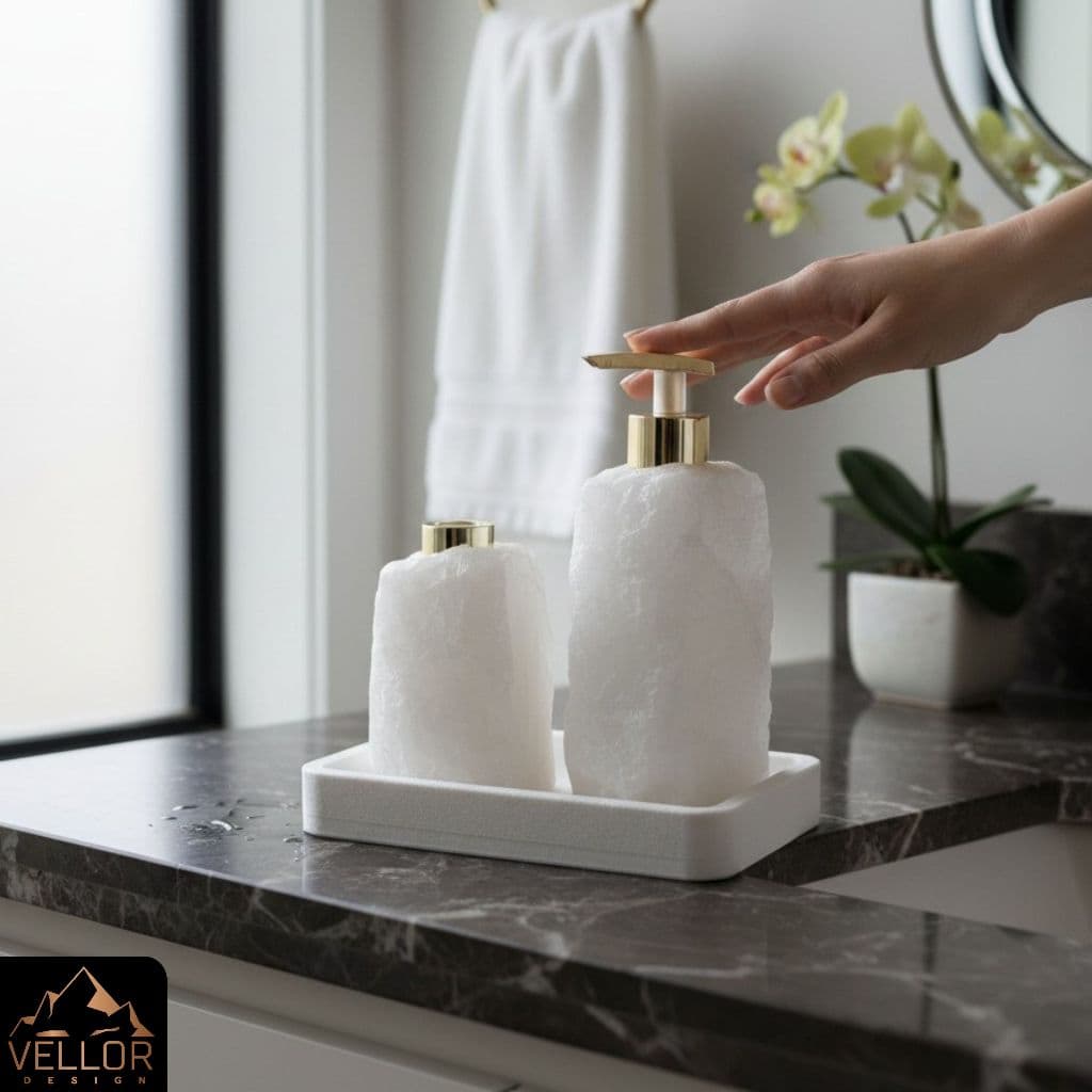 Kit Banheiro Pedra Natural Bruta Difusor Saboneteira Bandeja Decorativa Lavabo Luxo Dourado