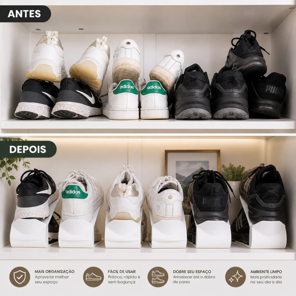 Organizador de Sapatos Duplo Empilhável – Economize Espaço no Guarda-Roupa (Tênis, Chinelos e Sandálias)
