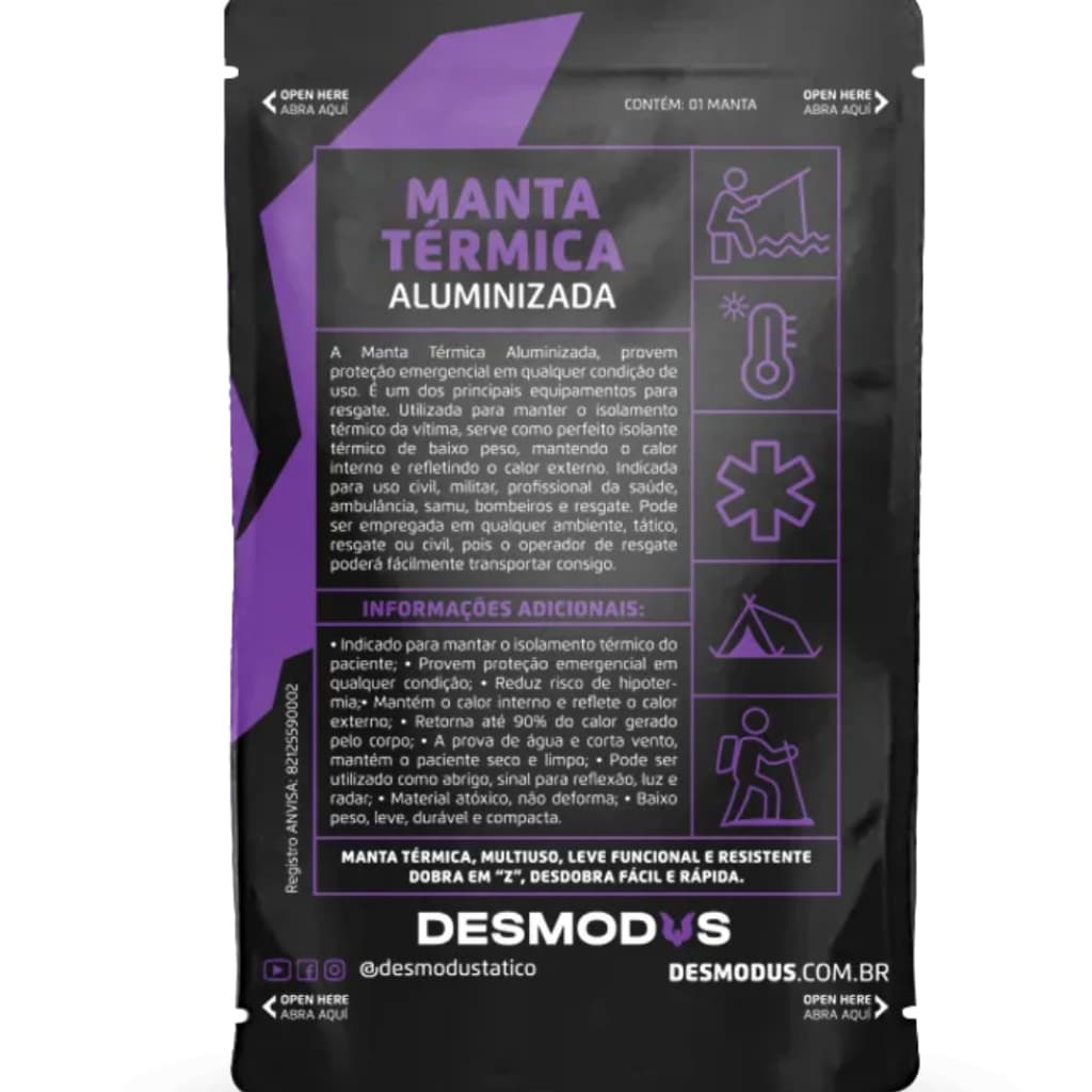 Cobertor Manta Termica Aluminizada Tatica Desmodus para Resgate e Emergencias
