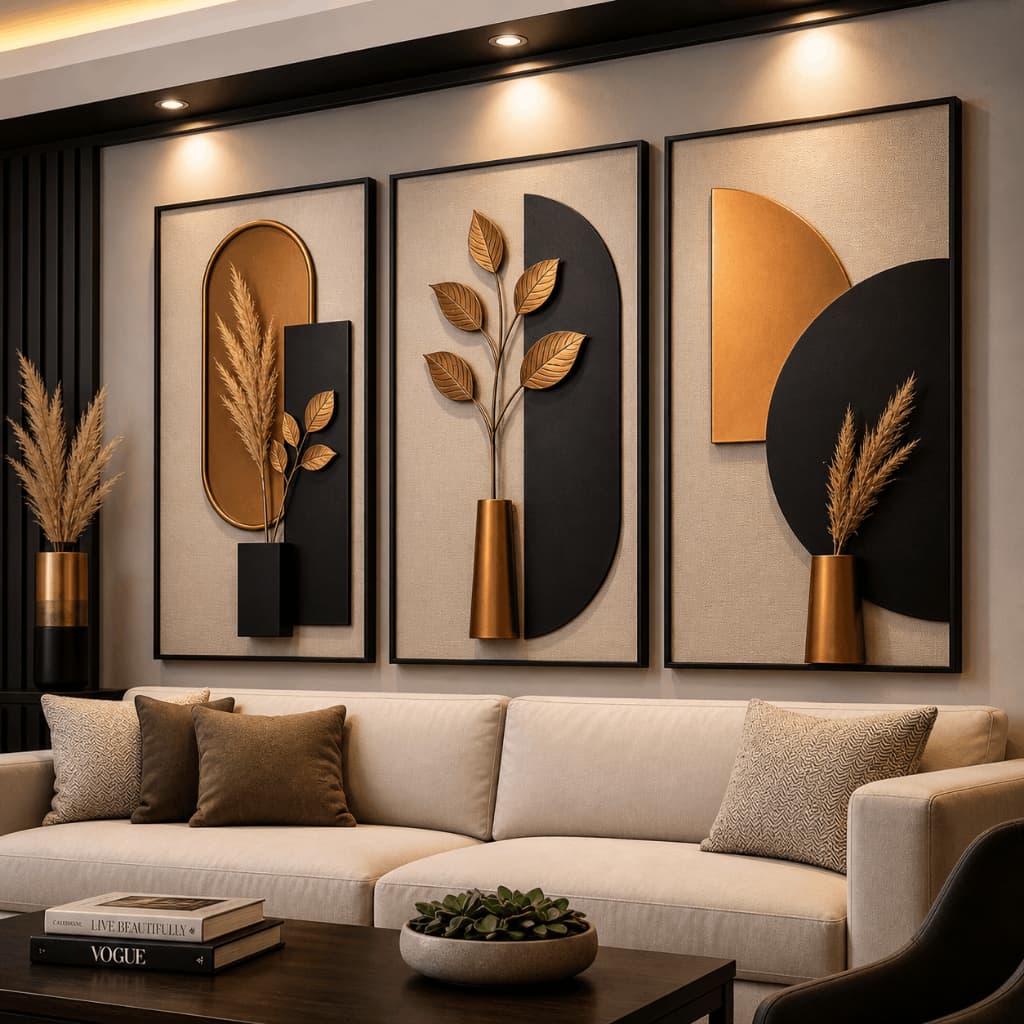 Kit 3 Quadros Decorativos Botânico Preto Dourado MDF Sala Luxo Moderno