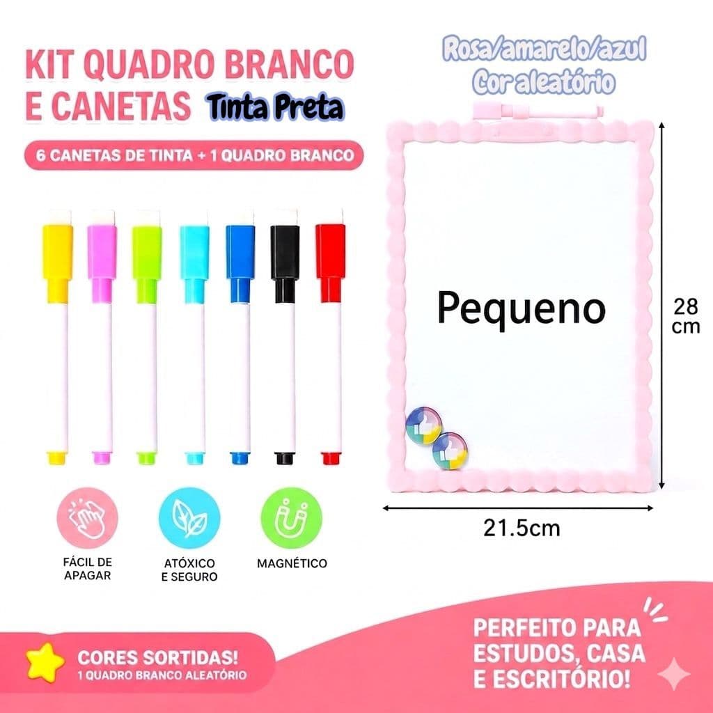 Kit Lousa Branca + Canetas 6 ou 12 Cores com Tinta Preta Quadro Branco Lavável