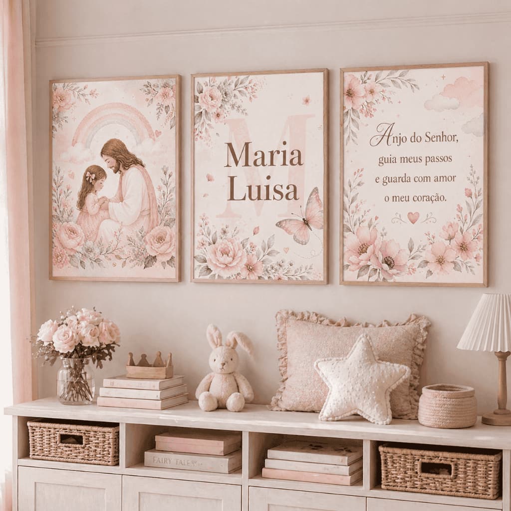 (MANDAR O NOME NO CHAT) Kit 3 Quadros Infantil Menina Personalizado Nome Jesus Quarto Bebê Decorativo Floral Delicado