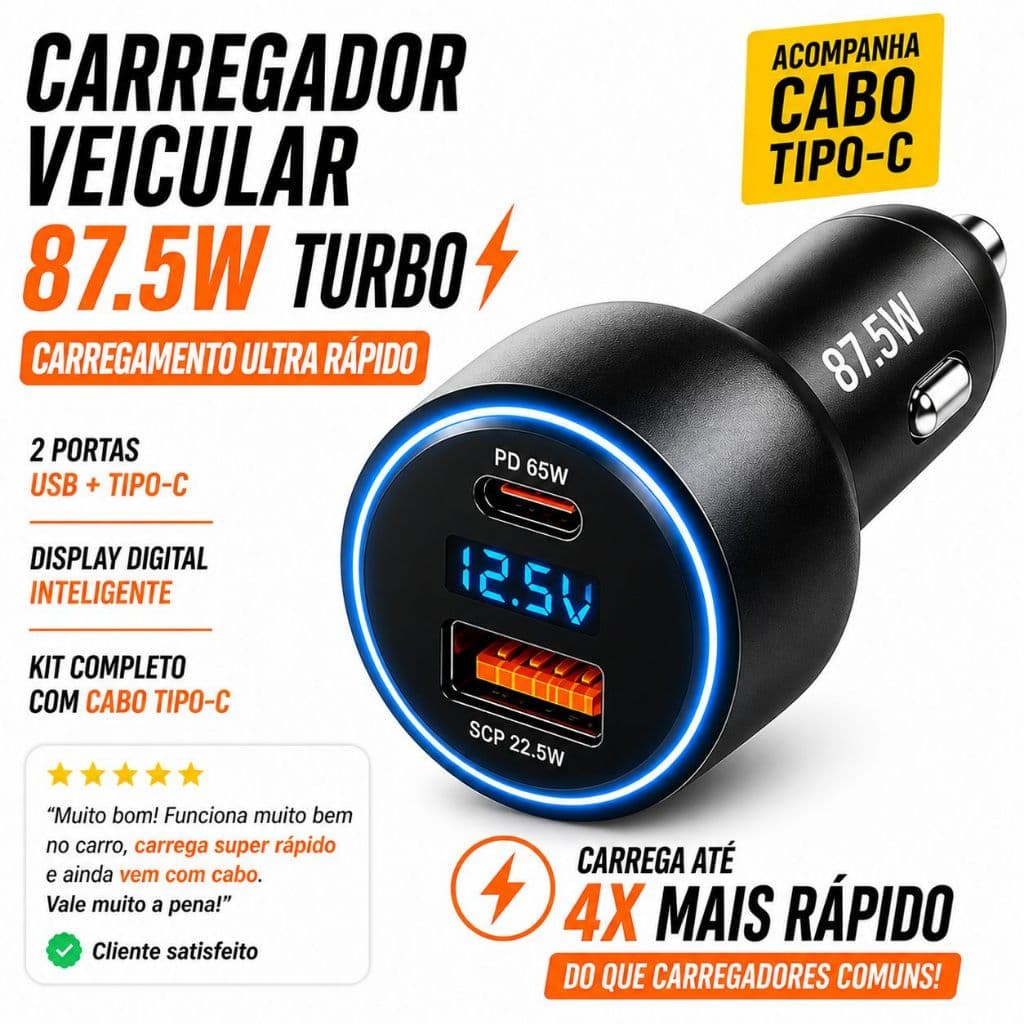 Carregador Carro Turbo 87,5W USB-C USB-A Carregamento Rápido Display Digital Cabo Tipo-C Incluso
