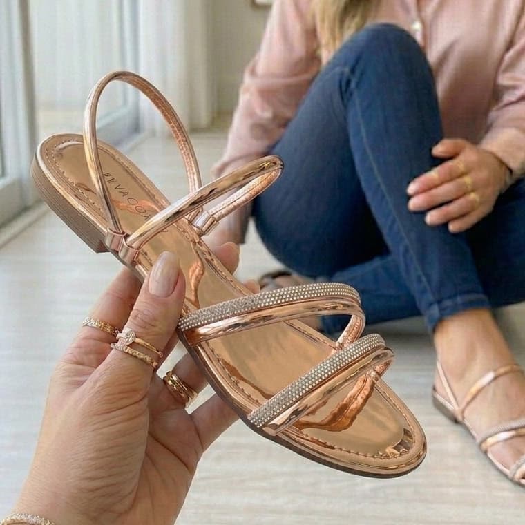 Rasteira Feminina com Brilho para Sair Sandália Feminino Rasteirinha com Laço de Strass