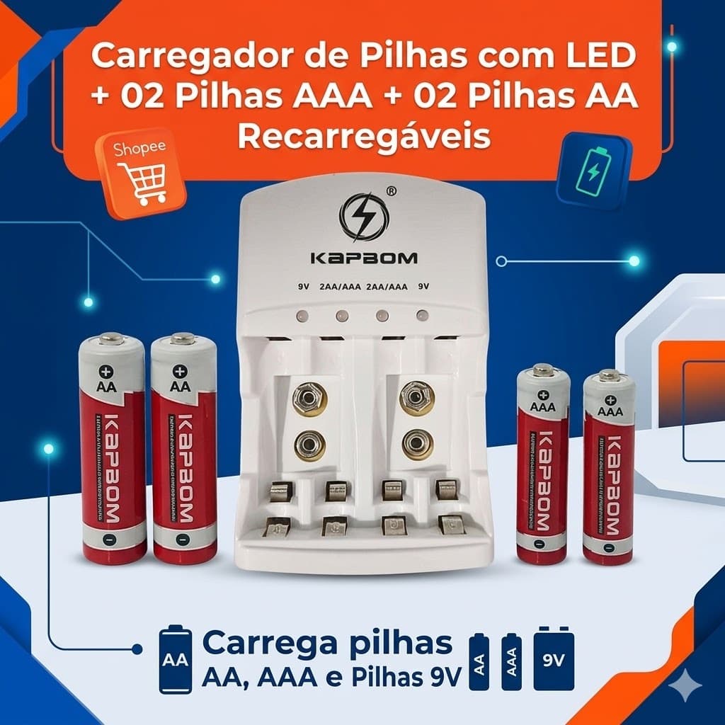 Carregador de Pilhas com LED + 02 Pilhas AAA + 02 Pilhas AA Recarregáveis Kapbom KA-1368