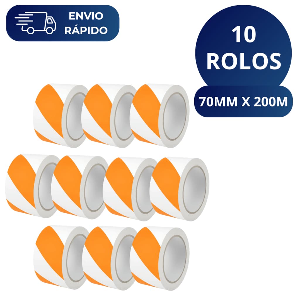 Kit 10 Fita Zebrada Laranja e Branca 70mm X 200 Metros Para Isolamento Sinalização Interdição Obras