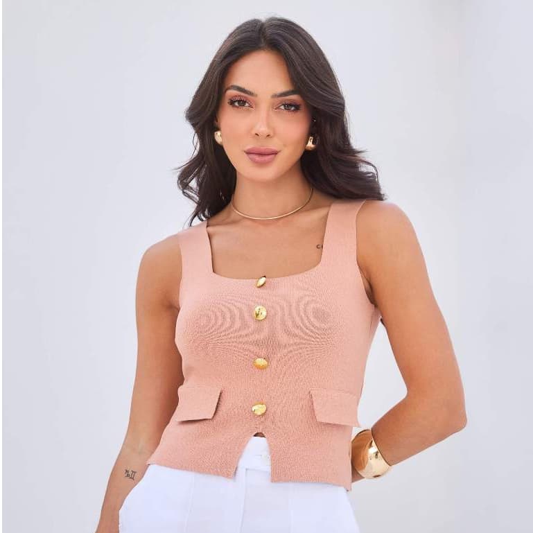 Blusa Colete Feminino Tricô Alfaiataria com Botões Dourados Modelo Moderna Tendência Moda Presente