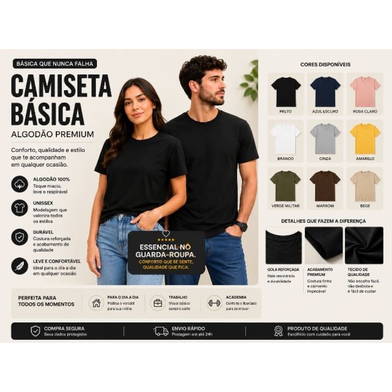 Camiseta Básica Masculina Feminina Unissex Camisa Lisa Confortável 100% Algodão