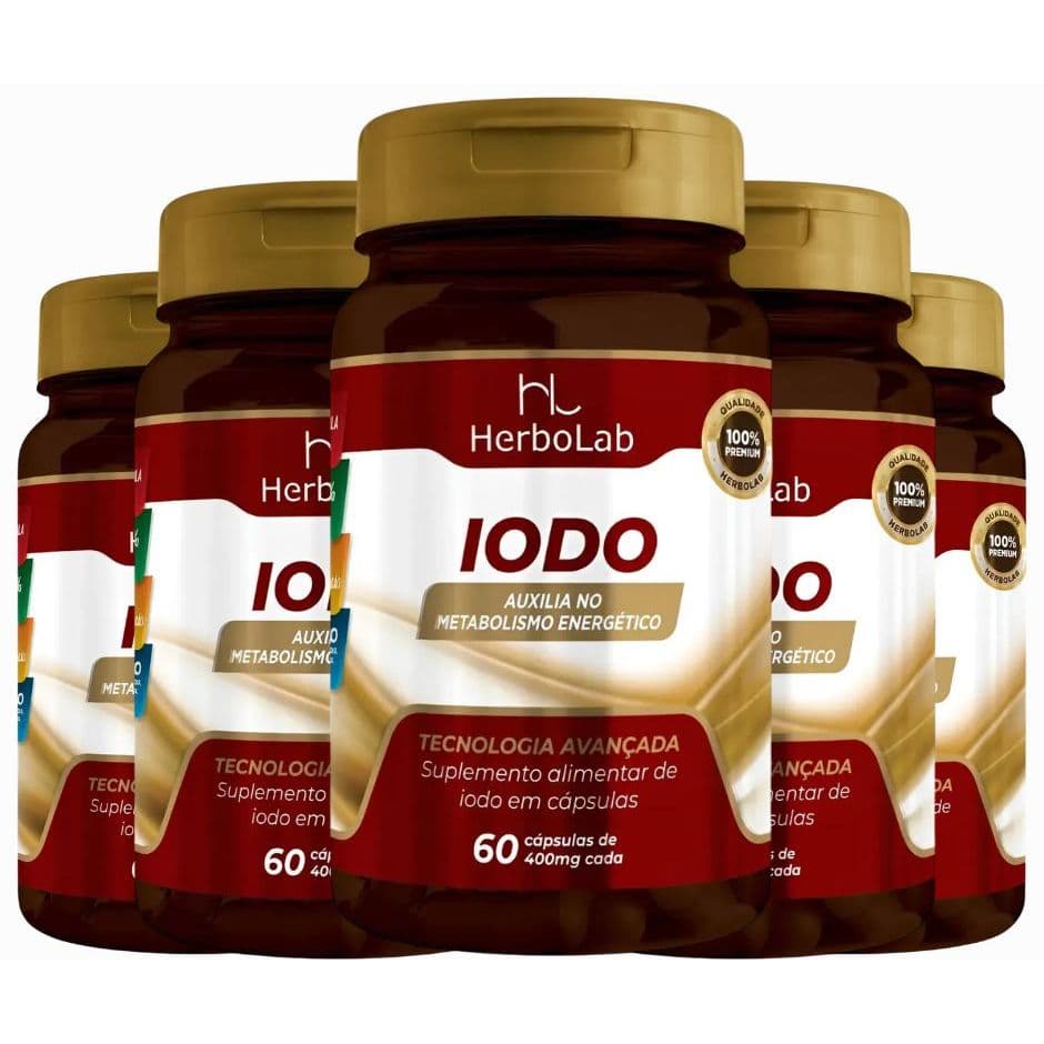 KIT C/5 Un. IODO - 60 Cáps 400mg Equivale A 692% Valor Diário - Herbolab Metabolismo Energético