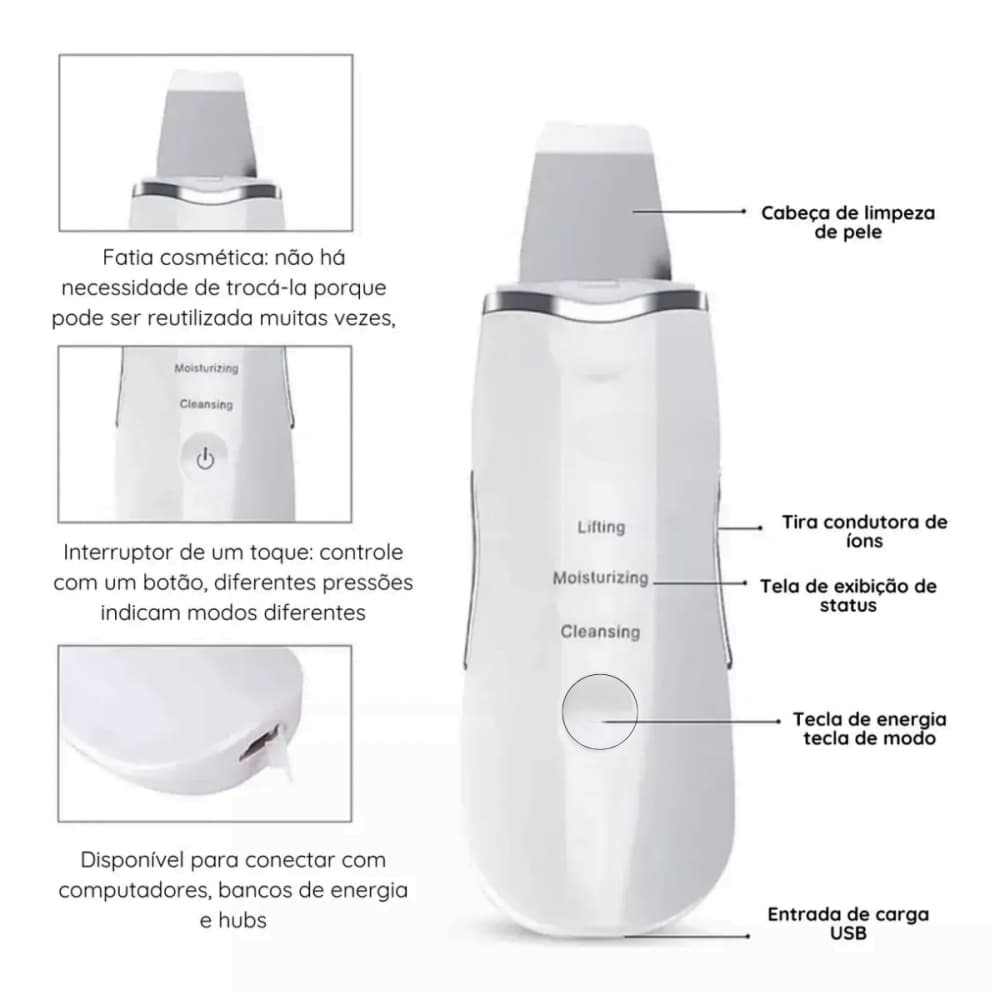 Caneta Peeling Ultrassônico E Ionização Portátil Anti Cravos E Acne