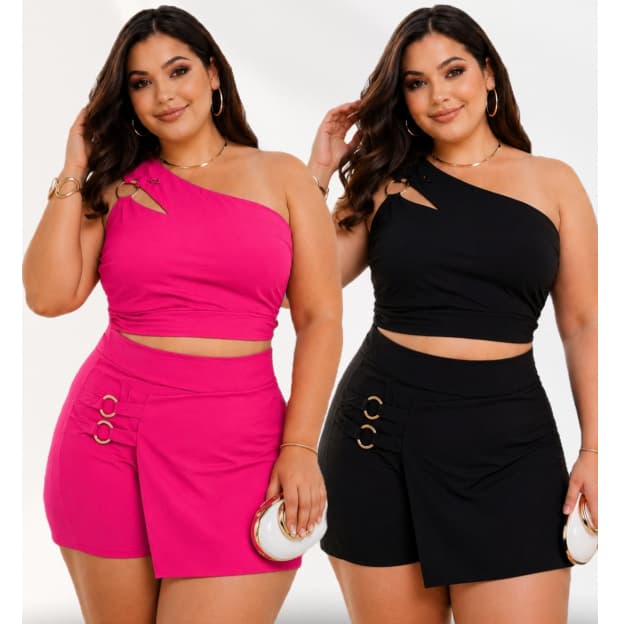Conjunto Feminino Plus Size Blusa Manga única + Short  Tam Único 44 ao 48