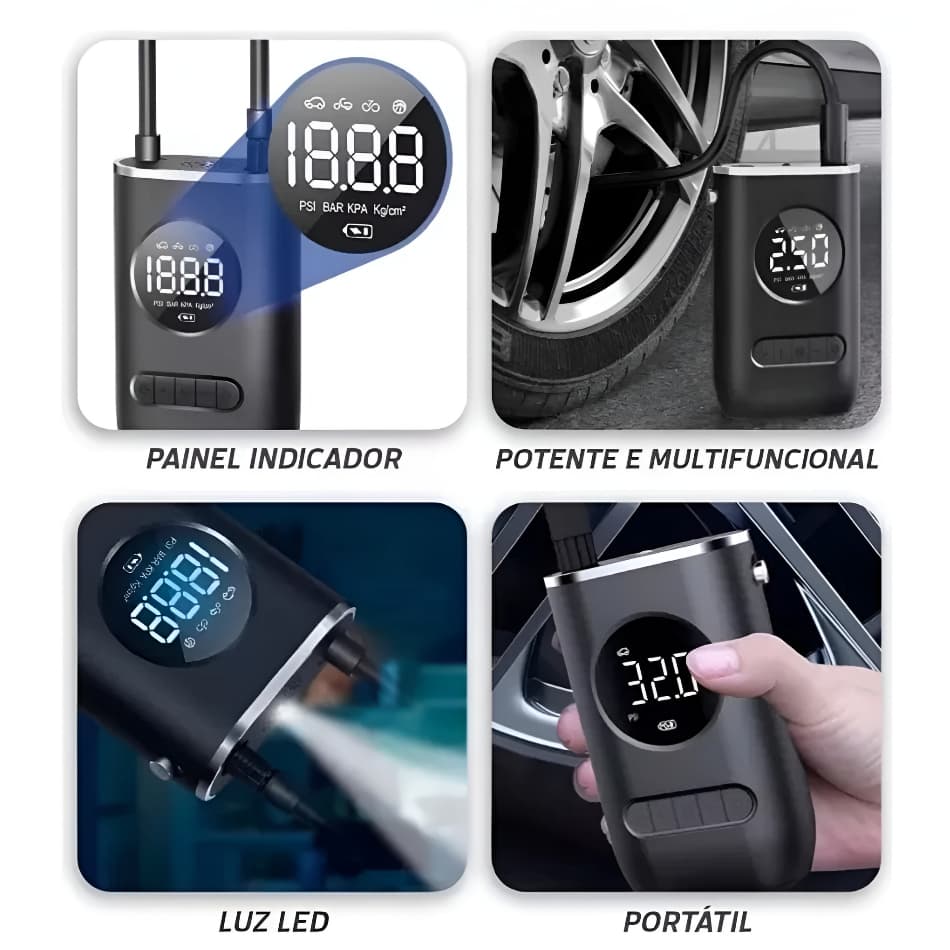 Mini Compressor de Ar Portatil Recarregavél Digital USB Calibrador Pneu Carro Bike Bicicleta