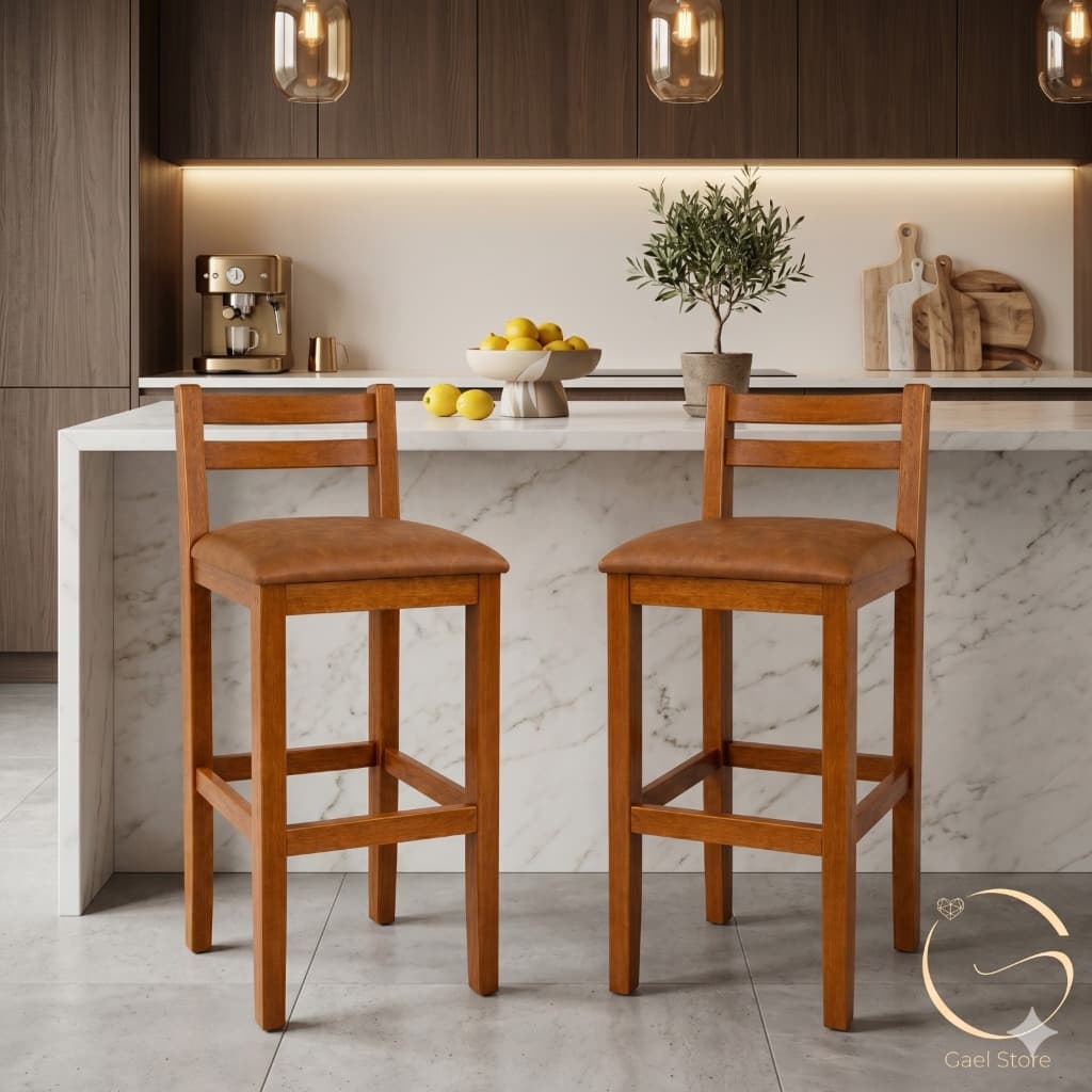 Kit 2 Banquetas Altas Estofada em Courino com Base em Madeira Balcão Bistrô Cozinha Área Gourmet