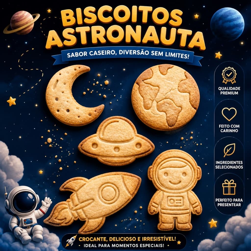 Kit 5 Cortador de Biscoito e Carimbo Forma ASTRONALTA/ESPAÇO 6cm Confeitaria Pasta Americana Massinhas Cookies Bolo
