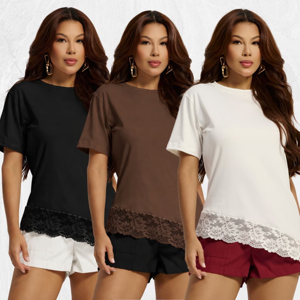 T-Shirt Feminina Detalhe em Renda Blusa Soltinha Confortável Moda Casual Chic Tendência Assimetrica Over Casual
