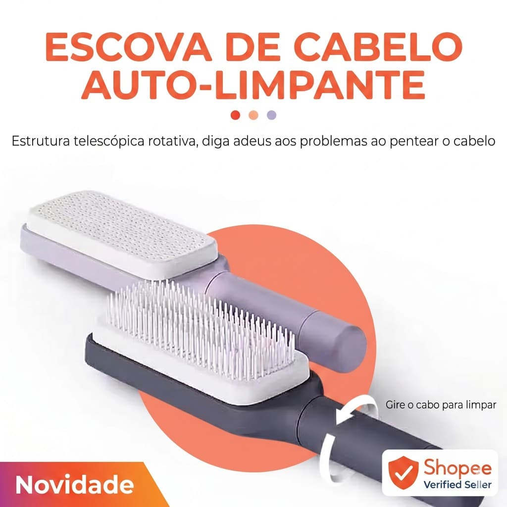 Escova Cabelo Auto Limpante Giratória Anti Estática Cerdas Retráteis Massageadora Desembaraça