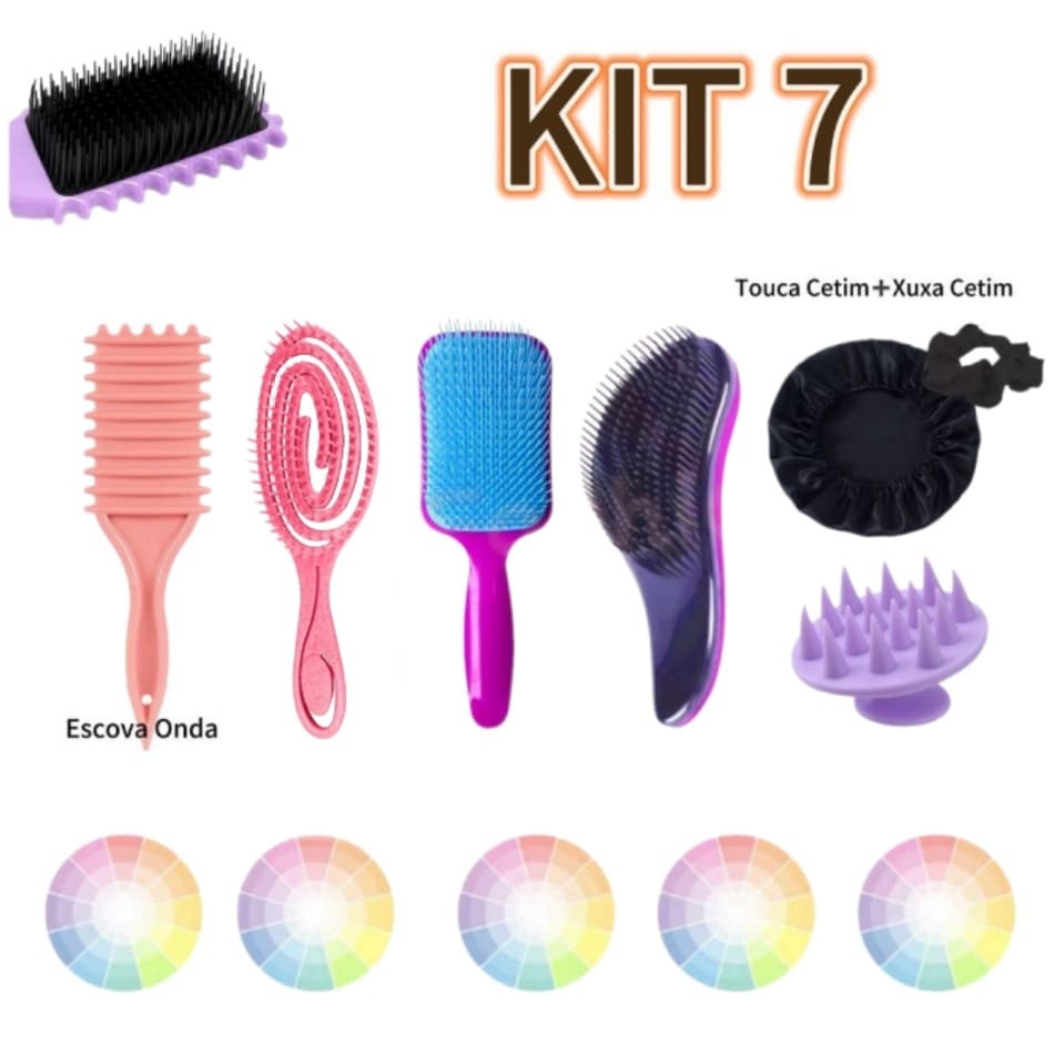 kit com 7 Itens Escova Onda/Flexivel/Raquete/Mágica/Touca de Cetim/Xuxa de Cetim/ Escova Massageadora Mania
