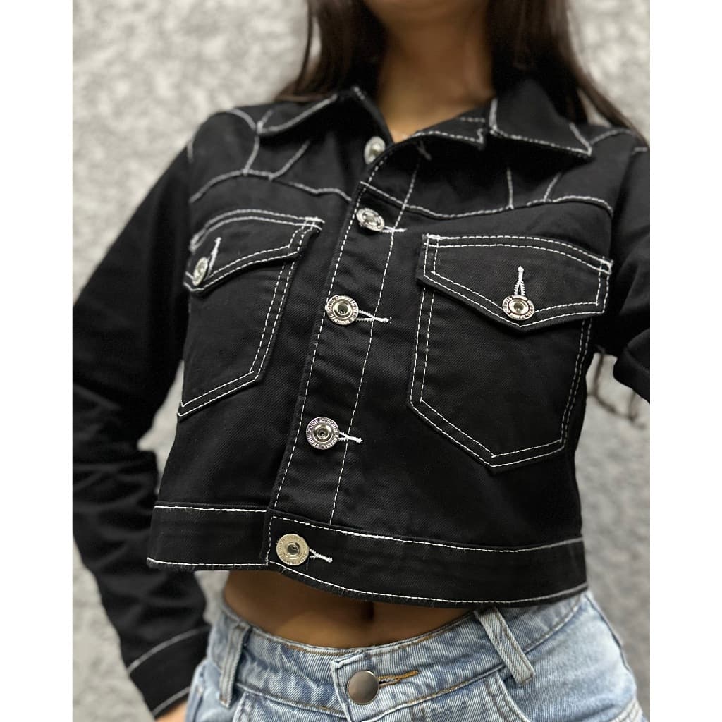 Jaqueta Jeans Feminina Linha Premium jaqueta preto com linho branco