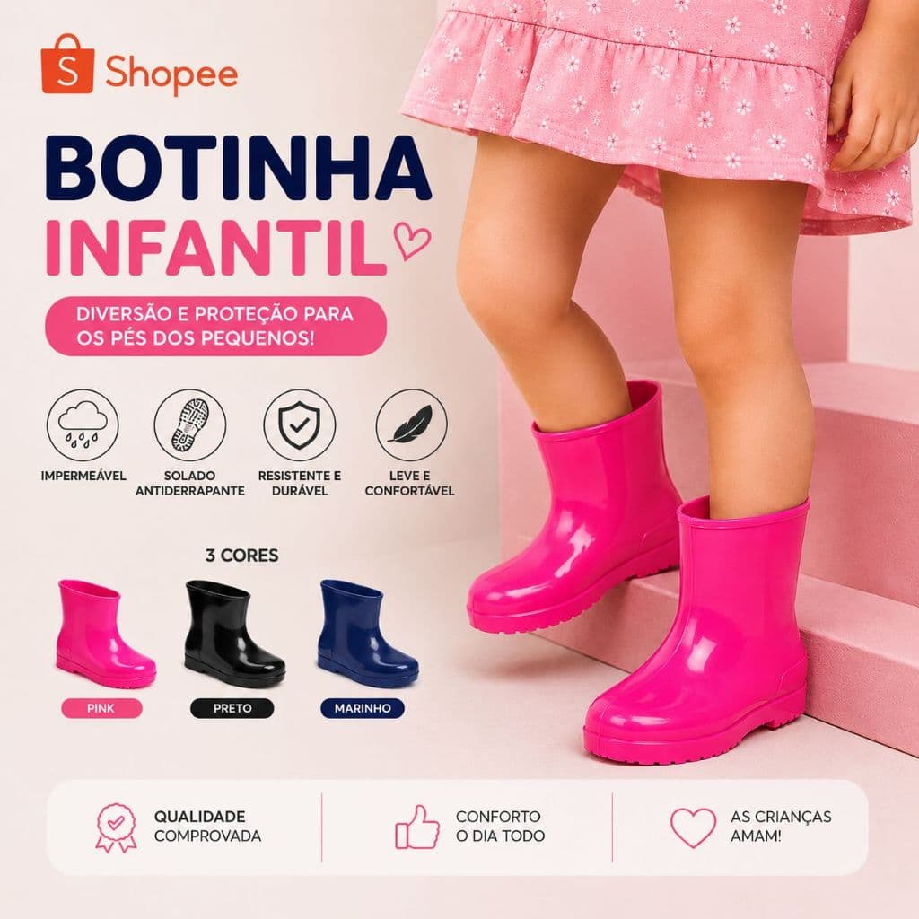 BOTINHA INFANTIL IMPERMEAVEL PVC CONFORTAVEL E AQUECIDA