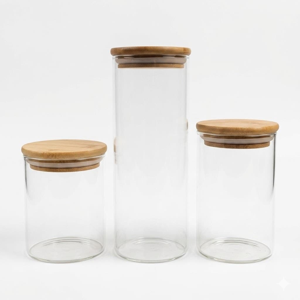 Kit 3 Potes Herméticos Vidro Tampa Bambu Mantimentos Cozinha Organizada Luxo 1,8L 800ml 200ml