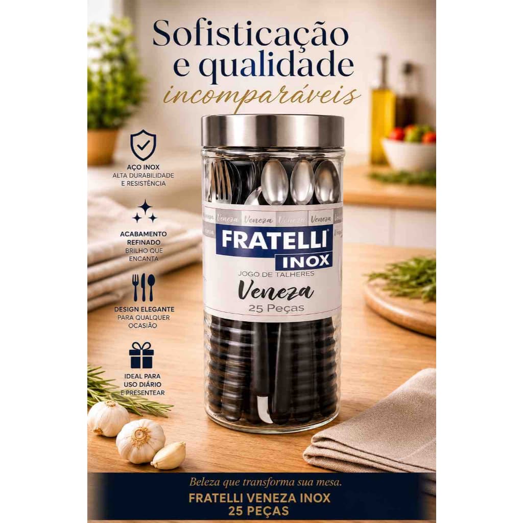 Conjunto Talheres Faca Garfo Pote Vidro 25 Pecas Jantar Inox Preto Design Moderno Resistente