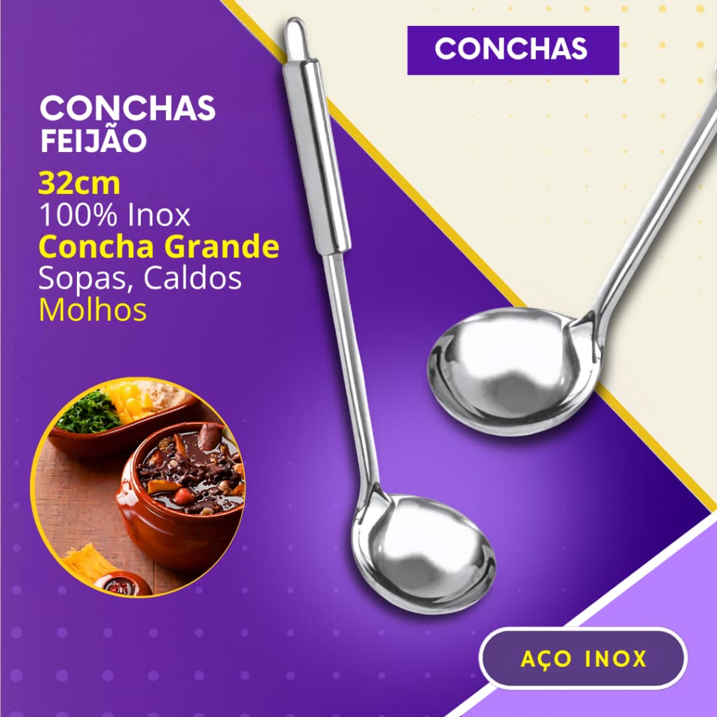 Conchas Grande Inox 32 cm para Feijão Sopas Molhos Caldos Cozinha Restaurante