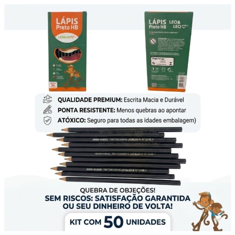 Lápis escrever Kit 50 Leo & Leo HB n⁰2