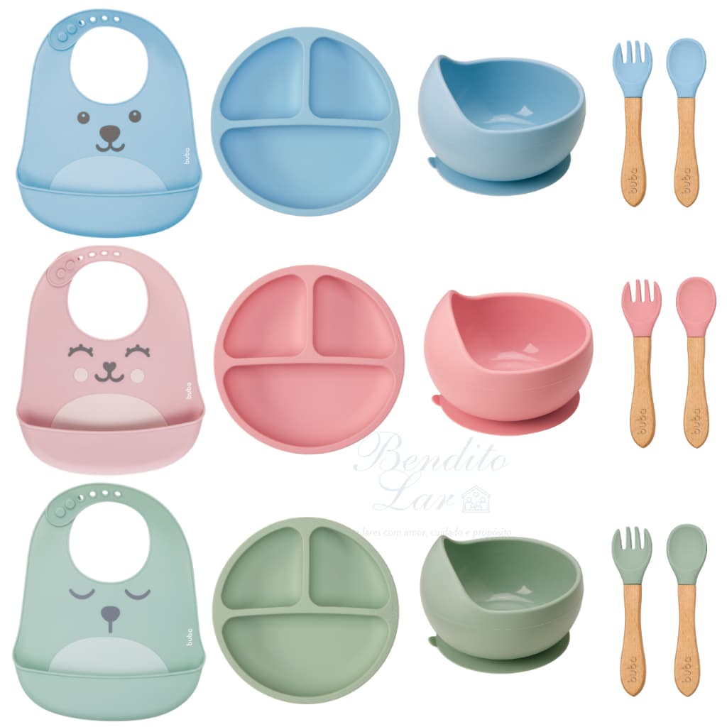 Kit Introdução Alimentar Para Bebê BUBA | Prato De Silicone Com Ventosa | Babador Com Bolso