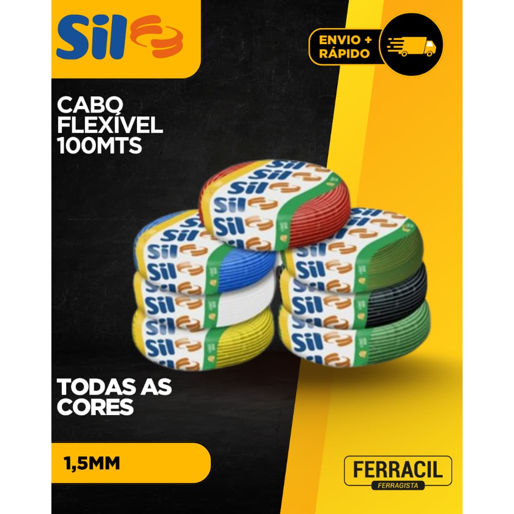 Cabo Fio Flexível 1,5mm Sil Original Rolo 100 Metros 750v Várias Cores NBR Certificado Inmetro