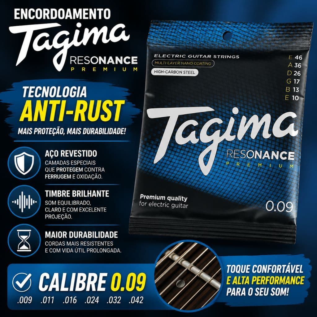 ENCORDOAMENTO TAGIMA RESONANCE GUITARRA PREMIUM 0.09 COATED ANTI-FERRUGEM RESISTENTE PROTEÇÃO