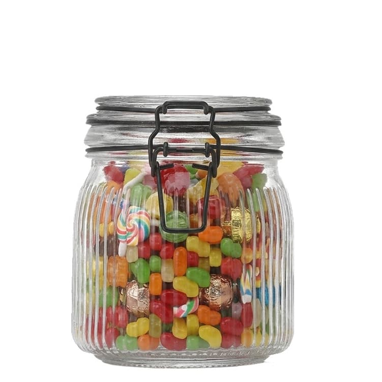 Pote Hermetico Vidro Canelado com Trava Aço Preto 970ml, Porta Mantimentos Hermético, Ruvolo