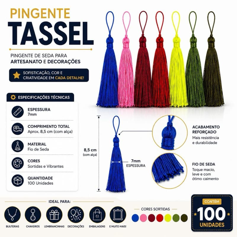 Pingente De Seda Tassel 7 Cm - Franja -Pacote Com 100 Unidades - Diversas Cores