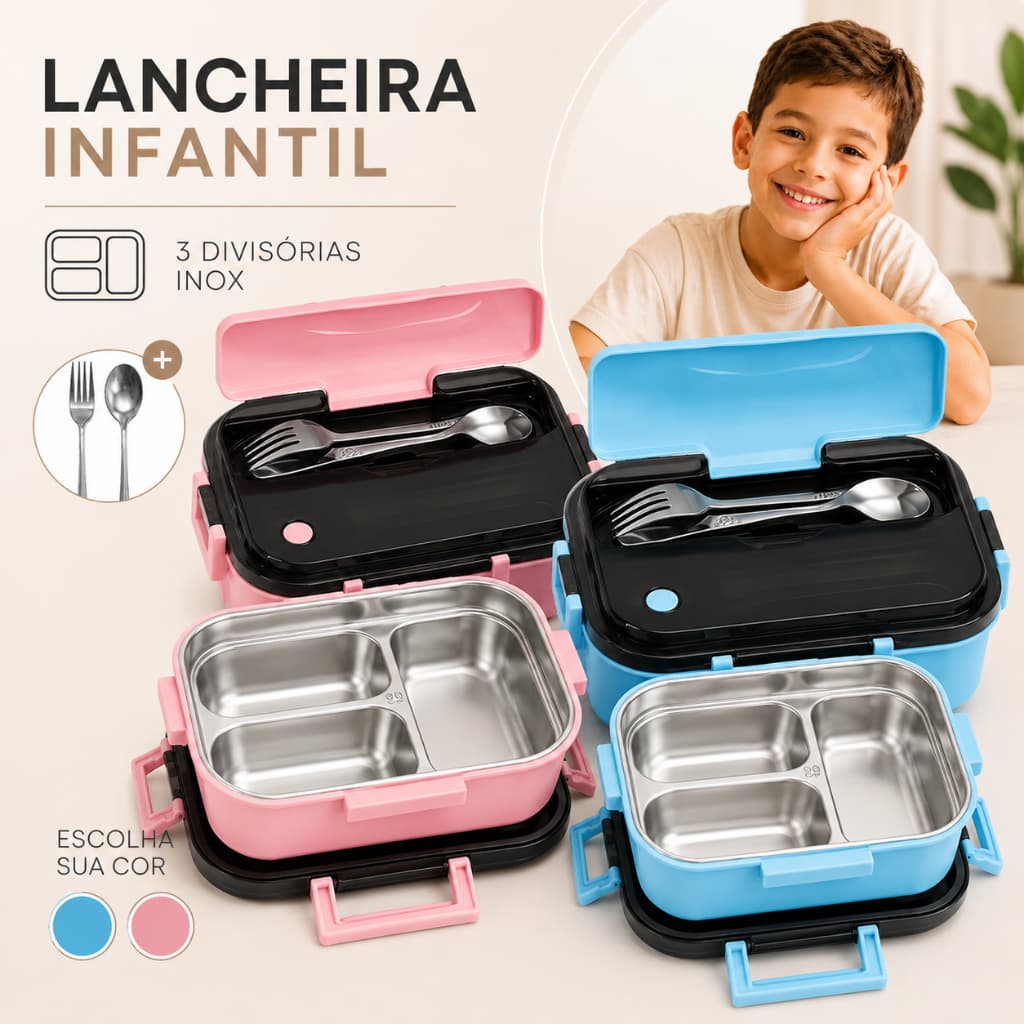 Lancheira Marmita Pote Infantil Lanche Escola Térmica Aço Inoxidável 1000ml 3 Divisórias, Aquece no Micro-ondas