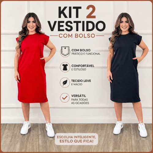 Kit 2 ou 1 Vestido Muscle Tee Com Bolso 100% Algodão Premium Manga Curta Para o Dia a Dia Festa