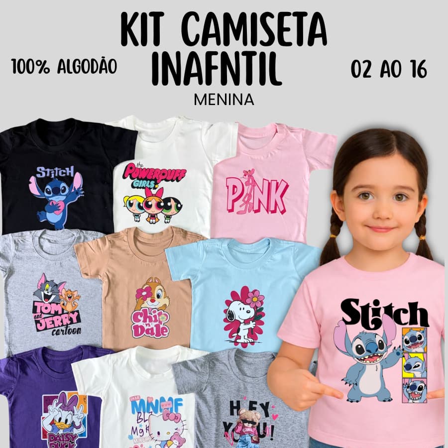 kit Camisetas Juvenil Menina - Peças Alta Qualidade de Roupas - Promoção- Cores e estampas variadas sortidas
