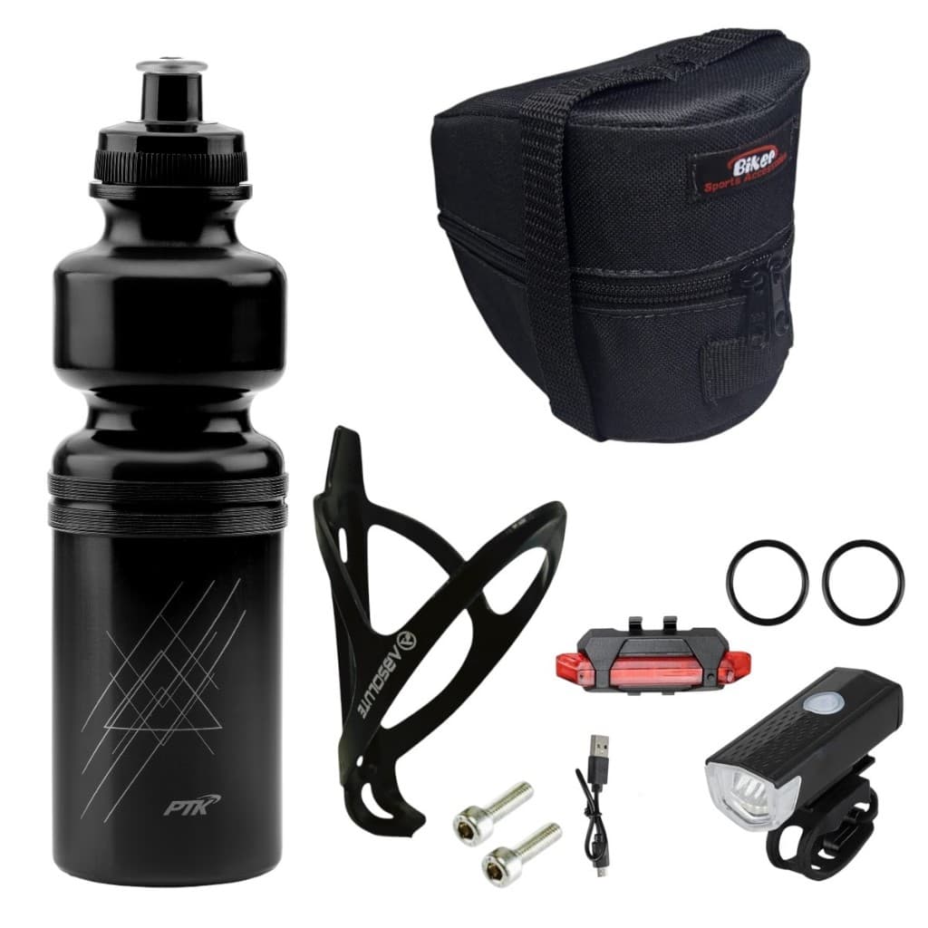 Kit Bike Garrafa 750 ml+ suporte Absolute+ Bolsa Selim + Farol Led com Sinalizador