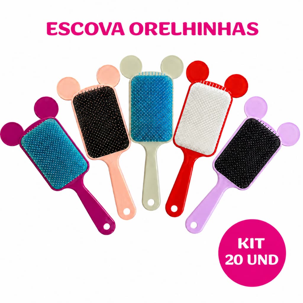 Kit 20 - Escova Raquete Orelhinha -Flex Mickey - Anti Frizz - Pra Cabelo - Para Desembaraçar Cabelos - Atacado Revenda