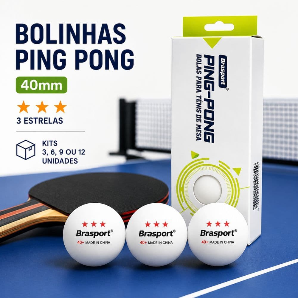 Kit Bolinhas de Ping Pong Tenis de mesa Brasport 3 estrelas 3/6/9/12 Tamanho Oficial alta aderência
