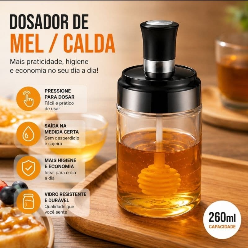 Meleira de Vidro 260ml com Pegador Dosador Tampa Hermética Porta Mel, Pote de Mel, Armazenamento de Mel, Meleira vidro