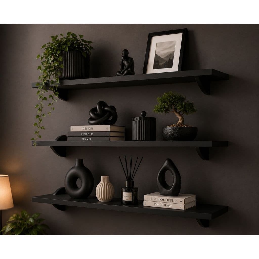 KIT 3 Prateleiras 100% MDF Multiuso com Suporte Bico de Tucano Preta